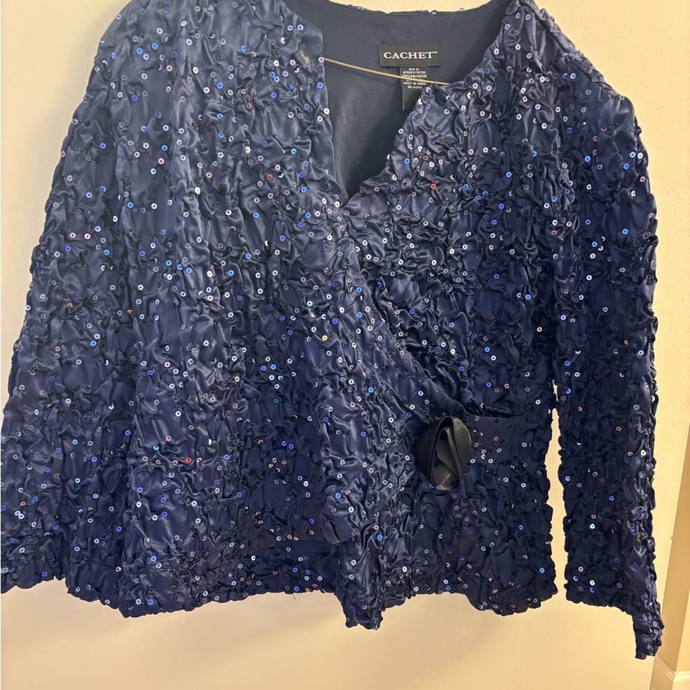 Cachet Elegant Blue Blouse with Textured Wrap Design